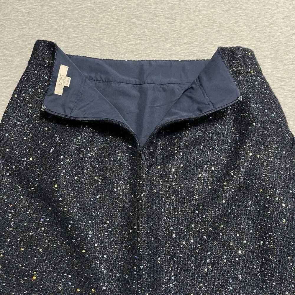 Loft Skirt Womens 6 Petite Navy Blue Tweed Sequin‎ Glitz Holiday Disco Evening